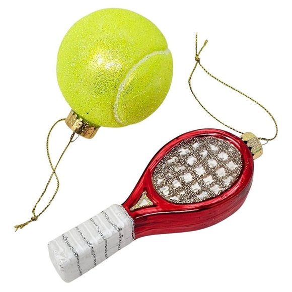 Tennis Ball and Tennis Racket Glass Ornament Set - Gift - Picture 2 of 4